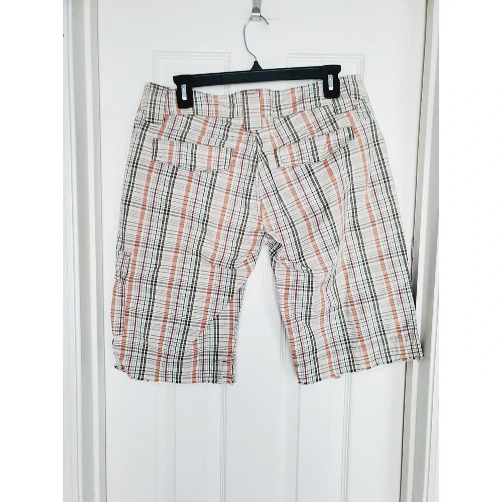 Bermuda Shorts Vintage Y2k Plaid Multicolor‎ Raw Hem Cotton Flap Pocket11